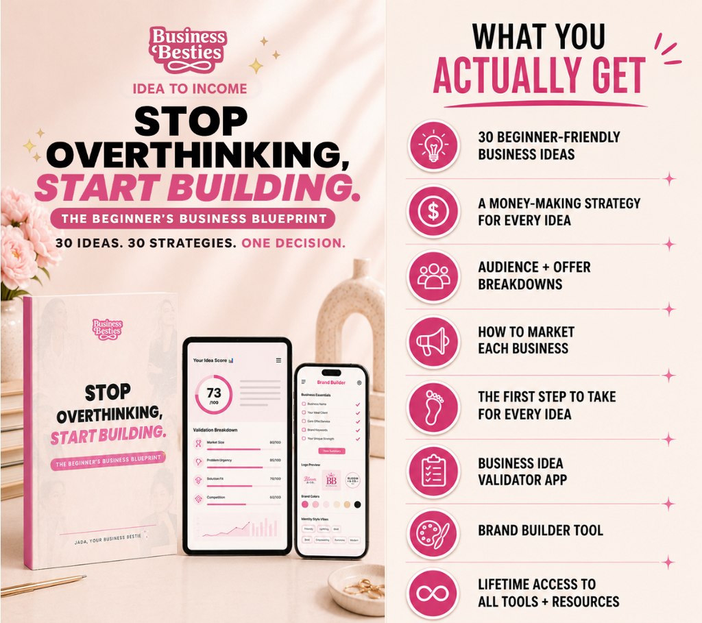 Promotional graphic for 'Stop Overthinking, Start Building' by Business Besties with product and feature list.